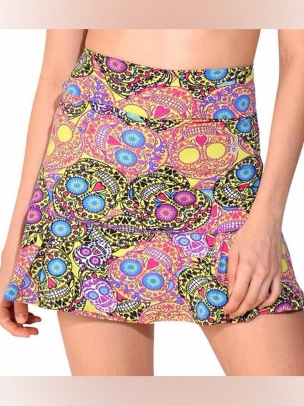 Dona Jo Fitwear XS Vibrant Sugar Skull Print Mini Casual Multi Tennis Skirt